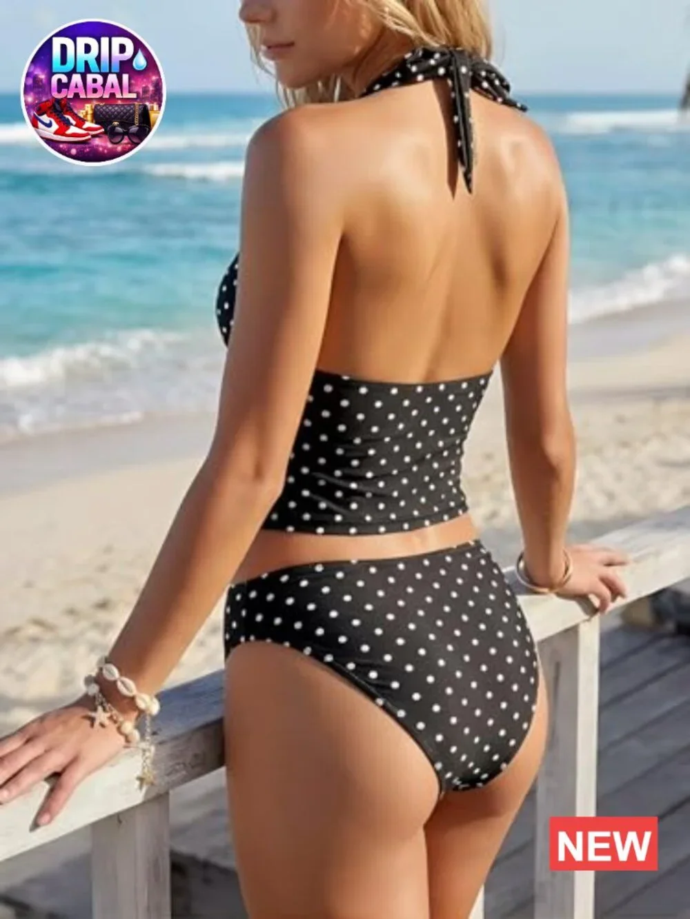 Polka Dots Tankini Set Halter V Neck Backless Two Piece Swimwear